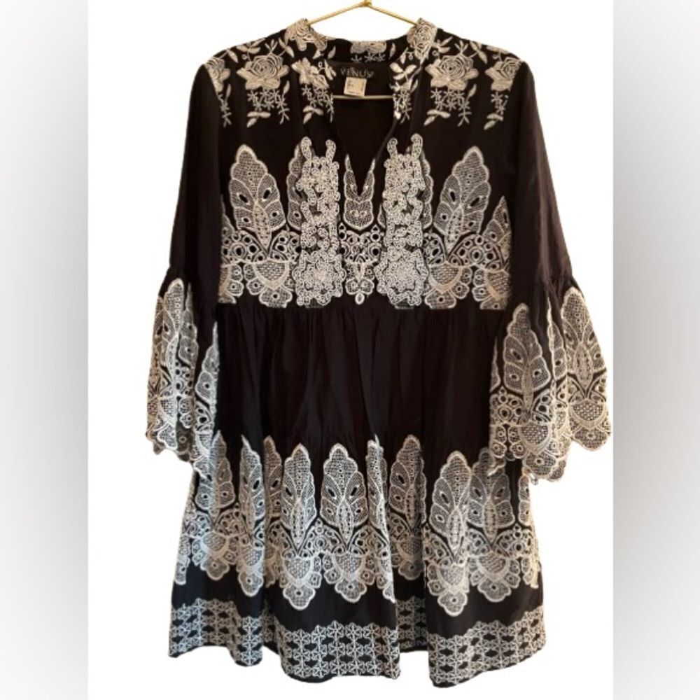VENUS Embroidered & Lace Bell Sleeve Dress
